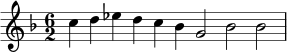 { \time 6/2 \clef treble \key d \minor c''4 d'' ees'' d'' c'' bes' g'2 bes' bes' }