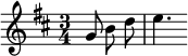 \relative { \set Score.tempoHideNote = ##t \tempo 4 = 90 \set Staff.midiInstrument = #"glockenspiel" \key d \major \time 3/4 \partial 4. \autoBeamOff g'8 bd | e4. }