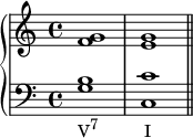 \new PianoStaff << \new Staff << \relative c' { \voiceOne \clef treble \key c \major \time 4/4 <f g>1 <e g> } >> \new Staff << \new Voice \relative c' { \clef bass \key c \major \time 4/4 <g b>_\markup { \concat { "V" \raise #1 \small "7" \hspace #6 "I" } } <c, c'> \bar "||" } >> >>