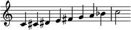 { \override Score.TimeSignature #'stencil = ##f \relative c' { \clef treble \key c \major \time 8/4 c4 cis dis e fis ga bes c2 } }
