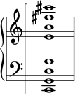 \new PianoStaff << \set PianoStaff.connectArpeggios = ##t \override PianoStaff.Arpeggio.stencil = #ly:arpeggio::brew-chord-bracket \new Staff \relative { \omit Staff.TimeSignature <e' b' fis' cis'></a>1\arpeggio } \new Staff \relative { \clef bass \omit Staff.TimeSignature <c, g' d' a'>1\arpeggio } >>