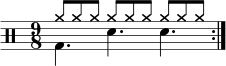 \new Staff << \new voice \relative c' { \clef percussion \numericTimeSignature \time 9/8 \set Score.tempoHideNote = ##t \tempo 4. = 80 \stemDown \repeat volta 2 { g4. d' d } } \new voice \relative c'' { \override NoteHead.style = #'cross \stemUp \repeat volta 2 { a8 aaaaaaaa } } ></a>>