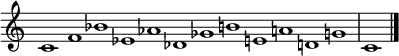 { \omit Score.TimeSignature \relative c' { \set Score.tempoHideNote = ##t \tempo 1 = 60 \time 12/1 c1 f bes ees, aes des, ges be, ad, g | c, \bar "|." } } \layout { \context {\Score \omit BarNumber} line-width = #100 }