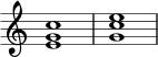 { \override Score.TimeSignature #'stencil = ##f \relative c' { \clef treble \time 4/4 \key c \major <eg c></a>1 <gc e> } }