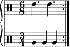 \new PianoStaff << \new DrumStaff << \drummode { \set Staff.timeSignatureFraction = 6/8 \set Score.tempoHideNote = ##t \tempo 4 = 120 \repeat volta 2 { tommh4. tommh } } ></a>> \new DrumStaff << \drummode { \set Staff.timeSignatureFraction = 3/4 \repeat volta 2 { tomfh4 tomfh tomfh } } >> >>