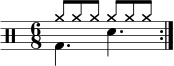 \new Staff << \new voice \relative c' { \clef percussion \numericTimeSignature \time 6/8 \set Score.tempoHideNote = ##t \tempo 4. = 80 \stemDown \repeat volta 2 { g4. d' } } \new voice \relative c'' { \override NoteHead.style = #'cross \stemUp \repeat volta 2 { a8 aaaaa } } ></a>>
