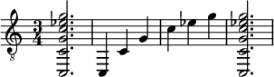 { \clef "treble_8" \time 3/4 <c, cg c' ees' g'></a>2. <c, >4 <c >4 <g >4 <c' >4 <ees' >4 <g' >4 <c, cg c' ees' g'>2. }