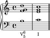 \new PianoStaff << \new Staff << \relative c' { \voiceOne \clef treble \key c \major \time 4/4 <fg d'>1 <eg c> } >> \new Staff << \new Voice \relative c' { \clef bass \key c \major \time 4/4 b_\markup { \concat { "V" \combine \raise #1 \small 6 \lower #1 \small 5 \hspace #6 "I" } } c \bar "||" } >> >>