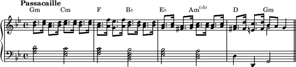 { \new PianoStaff << \new Staff = "chords" << \magnifyStaff #3/4 \new Voice \relative c' { \set Staff.midiInstrument = #"harpsichord" \key g \minor \mark \markup { \abs-fontsize #10 { \bold { Passacaille } } } <bes' d>8. <c ees>16 <a c>8. <bes d>16 <c ees>8. <c ees>16 <เบส d>8. <c ees>16 | <ค>8. <a f'>16 <g ees'>8. <a f'>16 <bes d>8. <เบส ง>16 <ก ค>8. <bes d>16 | <จีเบส>8. <a c>16 <fis a>8. <g bes>16 <a c>8. <a c>16 <g เบส>8. <ค>16 | <เป็น>8. <fis d'>16 <e c'>8. <fis d'>16 bes8 และ g4 \bar "||" } \new Voice \relative c' { s1 ss s2 \stemDown g'2 } \new Staff \relative c' { \magnifyStaff #3/4 \set Staff.midiInstrument = #"harpsichord" \key g \minor \clef F <g bes d>2 <ees g c> <fa c> <bes, df bes> <ees g bes> <c ees a> d4 d, g2 } \addlyrics \with { alignAboveContext = "chords" } { \override LyricText.font-size = #-1.5 Gm Cm FB♭ E♭ \markup{\concat{Am\super{(♭5)}}} D _ Gm } >> >> }