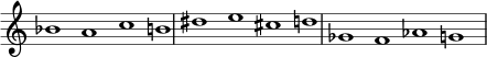 { \override Score.TimeSignature #'stencil = ##f \override Score.SpacingSpanner.strict-note-spacing = ##t \set Score.proportionalNotationDuration = #(ly:make-moment 3/2) \relative c'' { \time 4/1 \set Score.tempoHideNote = ##t \tempo 1 = 60 bes1 acb! dis e cis d ges, f aes g } }