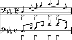 { \relative c, << \new Staff << \new voice { \clef bass \time 12/8 \key c \minor \set Score.tempoHideNote = ##t \tempo 4 = 100 \stemDown \override NoteHead.style = #'cross \repeat volta 2 { es4. es es es } } \new voice { \set Score.tempoHideNote = ##t \tempo 4 = 100 \time 12/8 \stemUp \repeat volta 2 { c'4 g'8~ g c4 es4.~ es4 g,8 } \bar ":|." } ></a>> \new Staff << \new voice { \clef bass \time 12/8 \key c \minor \set Staff.timeSignatureFraction = 4/4 \scaleDurations 3/2 { \set Score.tempoHideNote = ##t \tempo 8 = 100 \stemDown \override NoteHead.style = #'cross \repeat volta 2 { es,4 es es es } } } \new voice \relative c' { \time 12/8 \set Staff.timeSignatureFraction = 4/4 \scaleDurations 3/2 { \set Score.tempoHideNote = ##t \tempo 4 = 100 \stemUp \repeat volta 2 { c,8. g'16~ g8 c es4~ es8. g,16 } \bar ":|." } } >> >> }