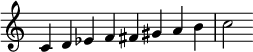 { \override Score.TimeSignature #'stencil = ##f \relative c' { \clef treble \key c \major \time 8/4 c4 d es f fis gis ab c2 } }
