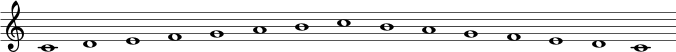 \relative c' { c1 d1 e1 f1 g1 a1 b1 c1 b1 a1 g1 f1 e1 d1 c1 } \layout { \context { \Staff \remove Time_signature_engraver \remove Bar_engraver } } \midi { \tempo 1 = 120 }