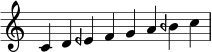 \relative c' { \time 8/4 \omit Staff.TimeSignature c4 d eeh fga beh c \bar "|" }