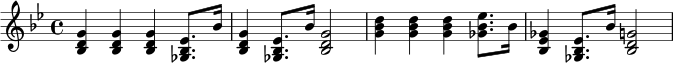 {\key g \minor \time 4/4 <bes d' g'></a> <bes d' g'> <bes d' g'> <ges bes ees'>8. bes'16 <bes d' g'>4 <ges bes ees'>8. bes'16 <bes d' g'>2 <g' bes' d''>4 <g' bes' d''>4 <g' bes' d''>4 <ges' bes' ees''>8. bes'16 <bes ees' ges'>4 <ges bes ees'>8. bes'16 <bes d' g'>2 }
