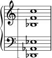\new PianoStaff << \set PianoStaff.connectArpeggios = ##t \override PianoStaff.Arpeggio.stencil = #ly:arpeggio::brew-chord-bracket \new Staff \relative { \omit Staff.TimeSignature <bes f' c'></a>1\arpeggio } \new Staff \relative { \clef bass \omit Staff.TimeSignature <des, aes' ees'>1\arpeggio } >>