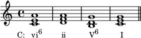 { \relative c' { \clef treble \time 4/4 <ce a></a>1_\markup { \concat { \translate #'(-4 . 0) { "C: vi" \raise #1 \small "6" \hspace #5.5 "ii" \hspace #6.5 "V" \raise #1 \small "6" \hspace #6.2 "I" } } } <df a><bd g><ce g> \bar "||" } }