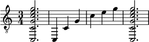 { \clef "treble_8" \time 3/4 <c, cg c' e' g'></a>2. <c, >4 <c >4 <g >4 <c' >4 <e' >4 <g' >4 <c, cg c' e' g'>2. }