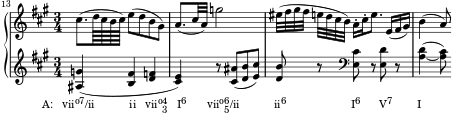  { #(set-global-staff-size 14.2) \set Score.proportionalNotationDuration = #(ly:make-moment 1/7) << \new PianoStaff << \new Staff << \clef treble \key a \major \time 3/4 \set Score.currentBarNumber = #13 \bar "" \new Voice \relative c'' { \set Score.tempoHideNote = ##t \tempo 4 = 60 cis8.( d64 cis b cis) e8( db gis) a8.( cis32 a) g'2 eis32([ fis gis fis] e[ d cis b)] a16-.[ cis-. e8.] e,16( fis gis) b4( a8) } >> \new Staff << \clef treble \key a \major \time 3/4 \new Voice \relative c' { <ais g'>4(_\markup { \concat { \translate #'(-7 . 0) { "A: vii" \raise #1 \small "o7" "/ii" \hspace #7 "ii" \hspace #1.8 "vii" \raise #1 \small "o" \combine \raise #1 \small 4 \lower #1 \small 3 \hspace #1.8 "I" \raise #1 \small "6" \hspace #4 "vii" \raise #1 \small "o" \combine \raise #1 \small 6 \lower #1 \small 5 "/ii" \hspace #7 "ii" \raise #1 \small "6" \hspace #13 "I" \raise #1 \small "6" \hspace #3.7 "V" \raise #1 \small "7" \hspace #5 "I" } } } <b fis'> <d f> <cis e>) r8 <cis ais'>8( <d b'> <e cis'>) <d b'>8 r \clef bass <e, cis'> r <e d'> r <a_~ d>4( <a cis>8) } >> >> >> } 