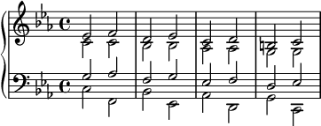 { \new PianoStaff << \new Staff << \new Voice \relative c' { \key c \minor \stemUp es2 fd es cdbc } \new Voice \relative c' { \stemDown c2 c bes bes aes aes gg } >> \new Staff << \new Voice \relative c' { \clef F \key c \minor \stemUp g2 aes fg es fd es } \new Voice \relative c { \stemDown cf, bes es, aes d, gc, } >> >> }