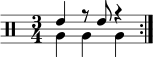 \new DrumStaff << \new voice \drummode { \set Score.tempoHideNote = ##t \tempo 4 = 120 \time 3/4 \stemUp \repeat volta 2 { tommh4 r8 tommh r4 } } \new voice \drummode { \stemDown \repeat volta 2 { tomfh4 tomfh tomfh } } ></a>>