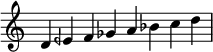 \relative c' { \time 8/4 \omit Staff.TimeSignature d4 eeh f ges a bes cd \bar "|" }