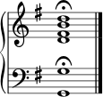 { \override Score.TimeSignature #'stencil = ##f \new PianoStaff << \new Staff << \relative c' { \stemUp \clef treble \key g \major \time 4/4 <d fis b d></a>1\fermata } >> \new Staff << \relative c { \clef bass \key g \major \time 4/4 <g g'>1\fermata \bar "|." } >> >> }
