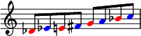 { \override Score.TimeSignature #'stencil = ##f \relative c' { \clef treble \key c \major \once \override NoteHead.color = #red des8 \once \override NoteHead.color = #blue es \once \override NoteHead.color = #red e! \once \override NoteHead.color = #blue fis \once \override NoteHead.color = #red g \once \override NoteHead.color = #blue a \once \override NoteHead.color = #red bes \once \override NoteHead.color = #blue c } }