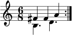 \new Staff << \clef treble \time 6/8 \new Voice \relative c' { \stemUp \repeat volta 2 { fis4 fis a } } \new Voice { \stemDown \repeat volta 2 { b4. d' } } ></a>>
