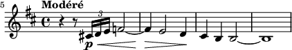 { \set Staff.midiInstrument = #"english horn" \relative c' { \set Score.currentBarNumber = #5 \key d\major \time 4/4 \tempo Modéré \override DynamicLineSpanner.staff-padding = #2 r4 r8 \tuplet 3/2 { cis!16\p\< de } f2~ f4\> e2 d4\! cis4 b b2~ b1 } }