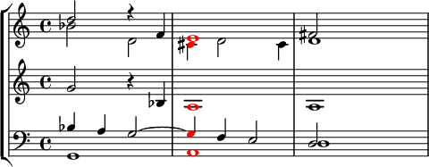{ \override Score.SpacingSpanner.strict-note-spacing = ##t \set Score.proportionalNotationDuration = #(ly:make-moment 1/8) << \new StaffGroup << \new Staff << \new Voice \relative c'' { \clef treble \time 4/4 \key c \major \voiceOne d2 r4 f, \once \override NoteHead.color = #red e1 fis2 } \new Voice \relative c'' { \clef treble \time 4/4 \key c \major \voiceTwo bes2 d, \once \override NoteHead.color = #red cis4 d2 cis4 d1 } >> \new Staff << \new Voice \relative c'' { \clef treble \time 4/4 \key c \major \stemUp g2 r4 bes, \once \override NoteHead.color = #red a1 a } >> \new Staff << \new Voice \relative c' { \clef bass \time 4/4 \key c \major \voiceOne bes4 a g2~ \once \override NoteHead.color = #red g4 f e2 d } \new Voice \relative c { \clef bass \time 4/4 \key c \major \voiceTwo g1 \once \override NoteHead.color = #red a d } >> >> >> }