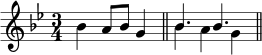 \new Staff << \mergeDifferentlyHeadedOn \mergeDifferentlyDottedOn \new voice \relative c'' { \set Score.tempoHideNote = ##t \tempo 4 = 136 \key g \minor \time 3/4 bes4 a8 bes g4 \bar "||" \stemDown bes4 ag \bar "||" } \new voice \relative c'' { s2. \stemUp bes4. bes } ></a>>