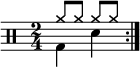 \new Staff << \new voice \relative c' { \clef percussion \numericTimeSignature \time 2/4 \set Score.tempoHideNote = ##t \tempo 4 = 100 \stemDown \repeat volta 2 { g4 d' } } \new voice \relative c'' { \override NoteHead.style = #'cross \stemUp \repeat volta 2 { a8 aaa } } >>