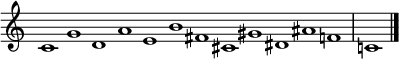 { \omit Score.TimeSignature \relative c' { \set Score.tempoHideNote = ##t \tempo 1 = 60 \time 12/1 c1 g' d a' e b' fis cis gis' dis ais' f | c! \bar "|." } } \layout { \context {\Score \omit BarNumber} line-width = #100 }