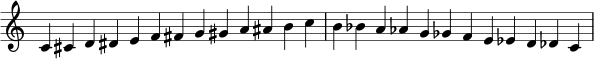 { \new Staff \with { \remove "Time_signature_engraver" } \relative c' { \time 13/4 c cis d dis ef fis g gis a ais bcb bes a aes g ges fe es d des c \bar "|" } }