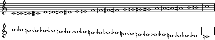\relative c' { \cadenzaOn \omit Staff.TimeSignature \tempo 1 = 90 \set Score.tempoHideNote = ##t c1 cih cis cisih d dih dis disih e eih f fih fis fisih g gih gis gisih a aih ais aisih b bih \bar "|" ค \bar "|." \break c1 ceh b beh bes beseh a aeh aes aeseh g geh ges geseh f feh e eeh ees eeseh d deh des deseh \bar "|" ค \bar "|." }