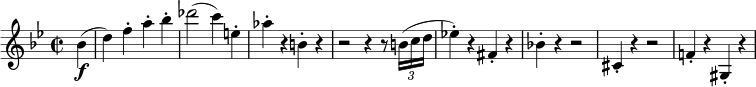 \relative c'' { \key g \minor \time 2/2 \set Staff.midiInstrument = #"violin" \set Score.tempoHideNote = ##t \tempo 2 = 120 \partial 4 bes\f( | d4) f-. a-. bes-. | des2( c4) e,-. | as4-. rb,-. r | r2 r4 r8 \times 2/3 { b16( cd } | es!4-.) r fis,-. r | bes!4-. r r2 | cis,4-. r r2 | f!4-. r gis,-. r | }