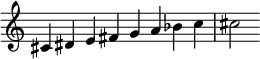 { \override Score.TimeSignature #'stencil = ##f \relative c' { \clef treble \key c \major \time 8/4 cis4 dis e fis ga bes c cis2 } }
