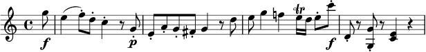\relative g'' { \key c \major \time 4/4 \partial 8 g8 \f e4( f8-.) d-. c4-. r8 g-. \p e8-. a-. g-. fis-. g4 r8 d' e8 g4 f! e16 \trill d e8-. c'-. \f d,,8-. r <gg,></a>-. r <e c>4 r }