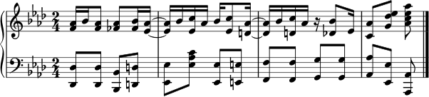 { \new PianoStaff << \new Staff << \new Voice \relative c' { \clef treble \key aes \major \time 2/4 <f aes></a>16 bes <f aes>8 <fes aes> <fes bes>16 <es aes>~ <es aes> bes' <es, c'> aes bes <es, c'>8 <d aes'>16~ <d aes'> bes' <d, c'> aes' r <des, bes'>8 es16 <c aes'>8 <g' des' es> <aes c es aes> } >> \new Staff << \relative c, { \clef bass \key aes \major \time 2/4 <des des'>8 <des des'> <bes bes'> <d d'> <es es'> <es' aes c> <es, es'> <e e'> <f f'> <f f'> <g g'> <g g'> <aes aes'> <es es'> <aes, aes'> \bar "|." } >> >> }