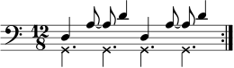 \new Staff << \new voice \relative c { \set Staff.midiInstrument = #"acoustic bass" \set Score.tempoHideNote = ##t \tempo 4 = 105 \time 12/8 \clef bass \stemUp \repeat volta 2 { d4 a'8~ a d4 d,4 a'8~ a d4 } } \new voice \relative c { \override NoteHead.style = #'cross \stemDown \repeat volta 2 { g4. ggg } } ></a>>