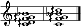 \relative c' { \omit Staff.TimeSignature \set Score.tempoHideNote = ##t <c dih f gih bes></a>1 \bar "|" <cf gih bes dih>1 \bar "|." }