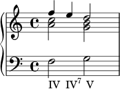 { \override Score.SpacingSpanner.strict-note-spacing = ##t \set Score.proportionalNotationDuration = #(ly:make-moment 1/6) \new PianoStaff << \new Staff << \new Voice \relative c'' { \stemUp \clef treble \key c \major \time 4/4 f4 e d2 } \new Voice \relative c'' { \stemDown <a c>2 <g b> } >> \new Staff << \relative c { \clef bass \key c \major \time 4/4 f2_\markup { \concat { "IV" \hspace #1 "IV" \super \column { "7" } \hspace #1 "V" } } g } >> >> }