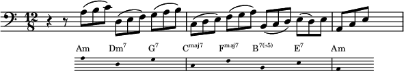 { \new Staff \relative c' { \set Staff.midiInstrument = #"cello" \clef F \time 12/8 r r8 << {a( bc) | ง,( ef) ก( ab) | c,( เด) ฉ( กา) | b,( ซีดี) อี( ง) อี | a, ce} \new Staff = "chords" \with { \omit TimeSignature \magnifyStaff #2/3 firstClef = ##f } \relative c' { \set Staff.midiInstrument = #"cello" \clef F {\hide Stem a8 ssd, ssgssc, ssfssb, ssessa, ss}} \addlyrics \with { alignAboveContext = "chords" } { \override LyricText.font-size = #-1.5 Am \markup{\concat{Dm\super{7}}} \markup{\concat{G\super{7}}} \markup{\concat{C\super{maj7}}} \markup{\concat{F\super{maj7}}} \markup{\concat{B\super{7(♭5)}}} \markup{\concat{E\super{7}}} Am } >> s1 s8 } }