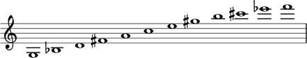 { \override Score.TimeSignature #'stencil = ##f \override Score.SpacingSpanner.strict-note-spacing = ##t \set Score.proportionalNotationDuration = #(ly:make-moment 3/2) \relative c' { \time 12/1 \set Score.tempoHideNote = ##t \tempo 1 = 60 g1 bes d fis ace gis b cis ees f } }