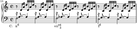 { #(set-global-staff-size 14) \set Score.proportionalNotationDuration = #(ly:make-moment 1/8) << \new PianoStaff << \new Staff << \clef treble \key c \major \time 4/4 \set Score.currentBarNumber = #13 \bar "" \new Voice \relative c' { r8 d16 a' dd, a' d r8 d,16 a' dd, a' d r8 d,16 fbd, fb r8 d,16 fbd, fb r8 c,16 g' cc, g' c r8 c,16 g' cc, g' c } ></a>> \new Staff << \clef bass \key c \major \time 4/4 \new Voice \relative c' { \voiceOne r16 a8.^~ a4 r16 a8.^~ a4 r16 aes8.^~ aes4 r16 aes8.^~ aes4 r16 g8.^~ g4 r16 g8.^~ g4 } \new Voice \relative c { \voiceTwo f2_\markup { \concat { \translate #'(-4.5 . 0) { "C: ii" \raise #1 \small "6" \hspace #24 "vii" \raise #1 "o" \combine \raise #1 \small 4 \lower #1 \small 3 \hspace #25 "I" \raise #1 \small "6" } } } fffee } >> >> >> }