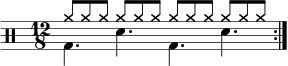 \new Staff << \new voice \relative c' { \clef percussion \numericTimeSignature \time 12/8 \set Score.tempoHideNote = ##t \tempo 4. = 80 \stemDown \repeat volta 2 { g4. d' g, d' } } \new voice \relative c'' { \override NoteHead.style = #'cross \stemUp \repeat volta 2 { a8 aaaaaaaaaaa } } ></a>>