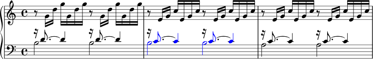 \new PianoStaff << \new Staff \relative c' { \set Score.tempoHideNote = ##t \tempo 4 = 90 << \new Voice { r8 g'16 d' gg, d' g r8 g,16 d' gg, d' g | r8 e,16 gce, gc r8 e,16 gce, gc | r8 e,16 gce, gc r8 e,16 gce, gc | } ></a>> } \new Staff \relative c' { \clef bass << \new Voice { \voiceThree r16 d8.~ d4 r16 d8.~ d4 | \override NoteHead.color = #red \override Stem.color = #red r16 c8.~ c4 r16 c8.~ c4 | \override NoteHead.color = #black \override Stem.color = #black r16 c8.~ c4 r16 c8.~ c4 | } \new Voice { \voiceFour b2 b | \override NoteHead.color = #red \override Stem.color = #red bb | \override NoteHead.color = #black \override Stem.color = #black aa | } >> } >>