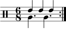 \new DrumStaff << \new voice \drummode { \set Score.tempoHideNote = ##t \tempo 4 = 120 \time 6/8 \stemUp \repeat volta 2 { tommh4 tommh tommh } } \new voice \drummode { \stemDown \repeat volta 2 { tomfh4. tomfh } } ></a>>