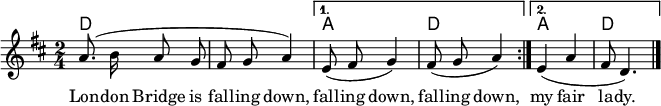 \header { tagline = ##f } \layout { indent = 0 \context { \Score \remove "Bar_number_engraver" } } global = { \key d \major \numericTimeSignature \time 2/4 \autoBeamOff } chordNames = \chordmode { \global \set chordChanges = ##t \set midiInstrument = "acoustic guitar (nylon)" \transpose cc, { \repeat volta 2 { d2\p | d | } \alternative { { a | d | } { a | d } } \bar "|." } } melody = \relative c'' { \global \set melismaBusyProperties = #'() \set midiInstrument = "clarinet" \repeat volta 2 { a8. (b16 a8 g8 | fis8 g8 a4) | } \alternative { { e8 (fis8 g4) | fis8 (g8 a4) | } { e4 (a4 | fis8 d4.) } } \bar "|." } verse = \lyricmode { สะพานลอนดอนกำลังพังทลาย พังทลาย พังทลาย ที่รักของฉัน } \score { << \new ChordNames \chordNames \new Staff { \melody } \addlyrics { \verse } >> \layout { } } \score { \unfoldRepeats { << \chordNames \\ \melody >> } \midi { \tempo 4=102 \context { \Score midiChannelMapping = #'instrument } \context { \Staff \remove "Staff_performer" } \context { \Voice \consists "Staff_performer" } } }